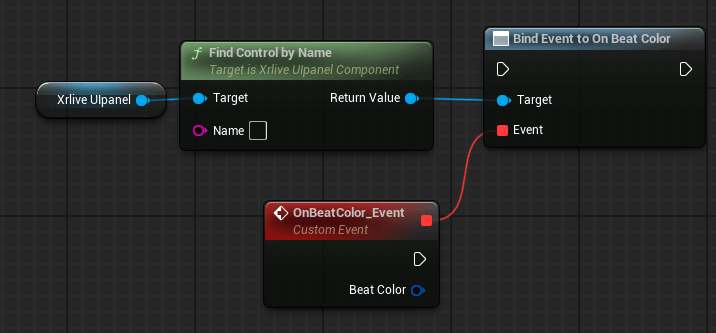 Blueprint graph showing Xrlive Ulpanel reference connected to Find Control by Name, whose Return Value feeds the Target pin of Bind Event to On Beat Color. A Custom Event node named OnBeatColor_Event is connected to the Event pin and exposes a single Beat Color output pin.