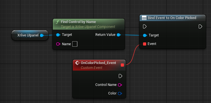 Blueprint graph showing Xrlive Ulpanel reference connected to Find Control by Name, whose Return Value feeds the Target pin of Bind Event to On Color Picked. A Custom Event node named OnColorPicked_Event is connected to the Event pin and exposes two output pins: Control Name (string) and Color (LinearColor).