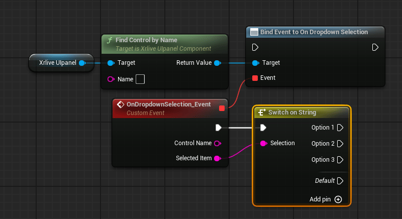 Blueprint graph showing Xrlive Ulpanel reference connected to Find Control by Name, whose Return Value feeds the Target pin of Bind Event to On Dropdown Selection. A Custom Event node named OnDropdownSelection_Event exposes Control Name and Selected Item output pins. The Selected Item pin connects to a Switch on String node with Option 1, Option 2, Option 3, and Default output pins.