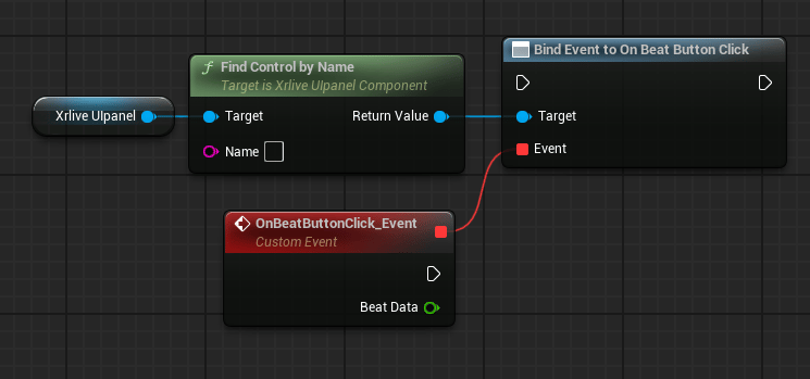 Blueprint graph showing Xrlive Ulpanel reference connected to Find Control by Name, whose Return Value feeds the Target pin of Bind Event to On Beat Button Click. A Custom Event node named OnBeatButtonClick_Event is connected to the Event pin and exposes a single Beat Data output pin.