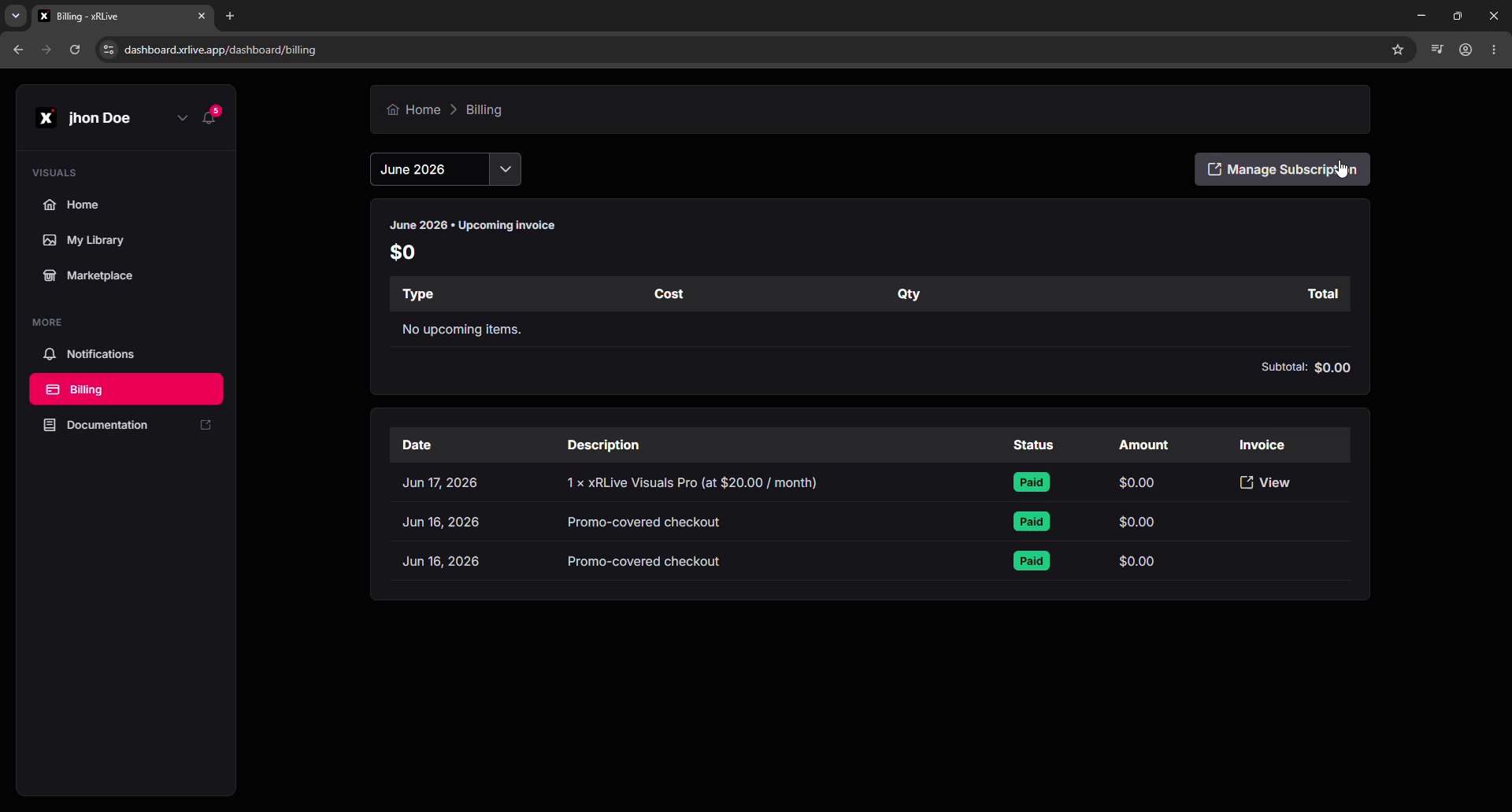 Dashboard Billing page showing the month selector, upcoming invoice, and a table of past invoices with status, amount, and View links