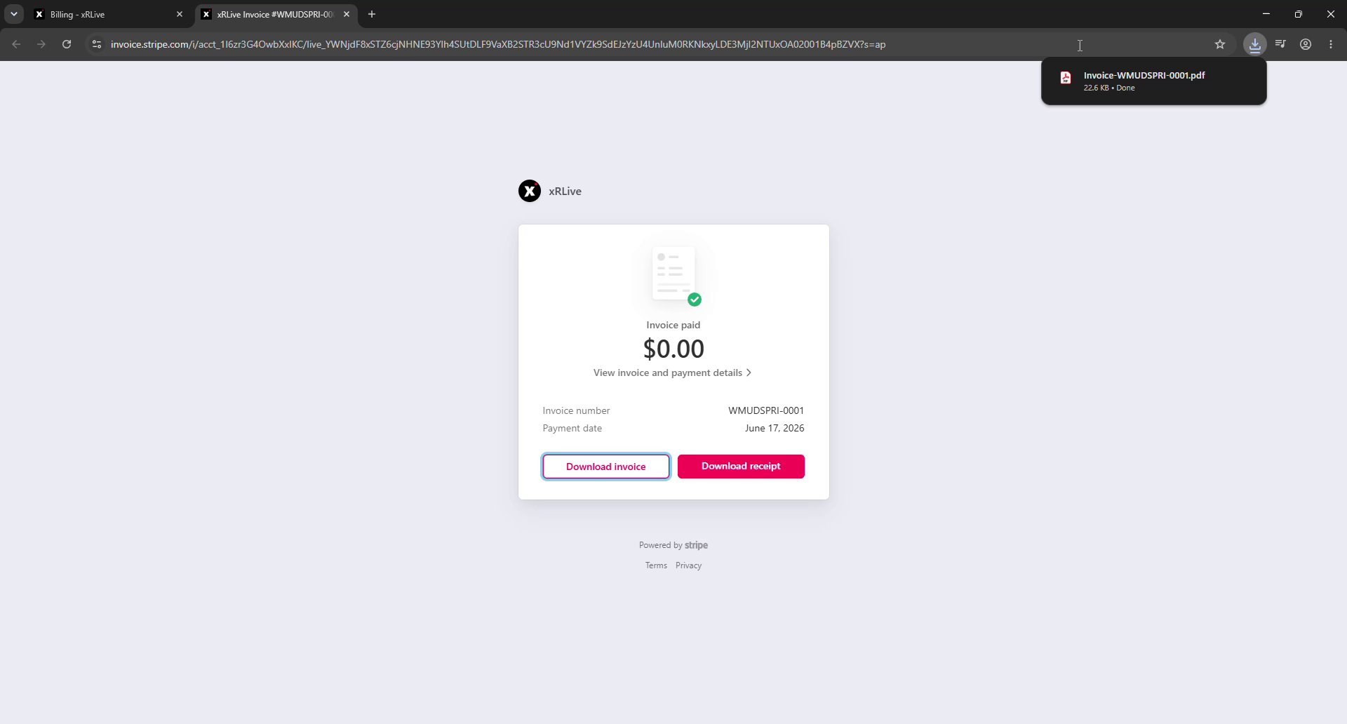 Stripe invoice page showing Invoice paid, the invoice number, payment date, and Download invoice and Download receipt buttons