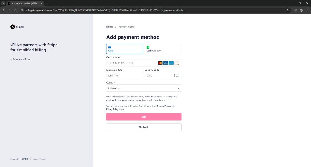 Stripe Add payment method form with card number, expiration date, security code, and country fields