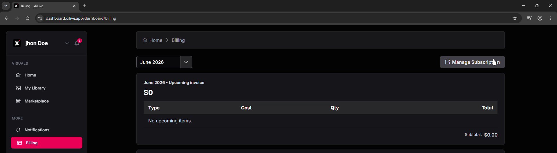 Dashboard Billing page showing the Manage Subscription button