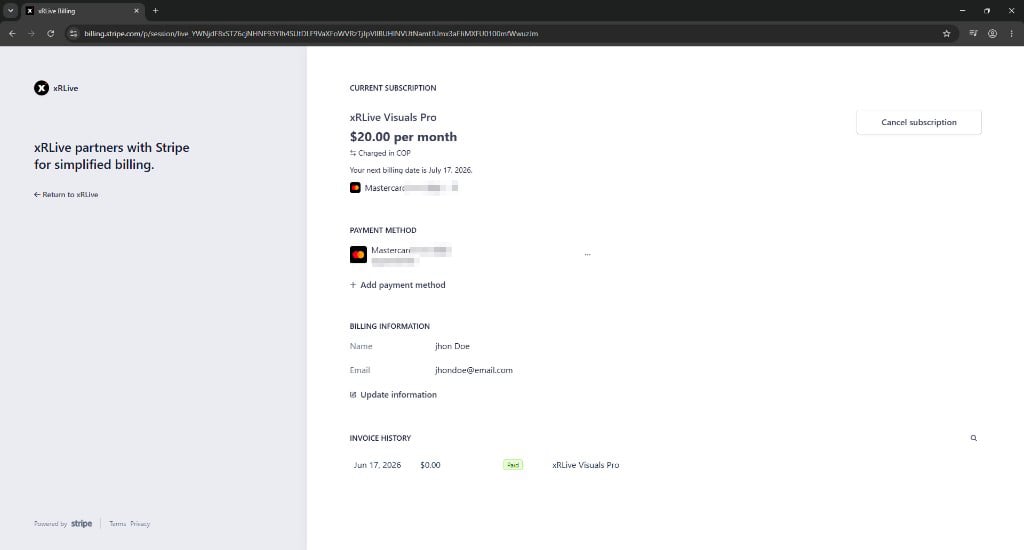 Stripe billing portal showing the current subscription, payment methods, billing information, and invoice history