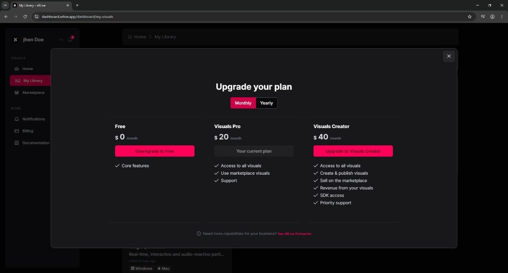 Upgrade your plan window showing Visuals Pro as the current plan and an Upgrade to Visuals Creator button