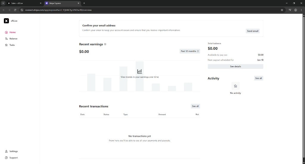 Stripe Express dashboard for xRLive showing recent earnings chart, total balance, available payout amount, and transaction history