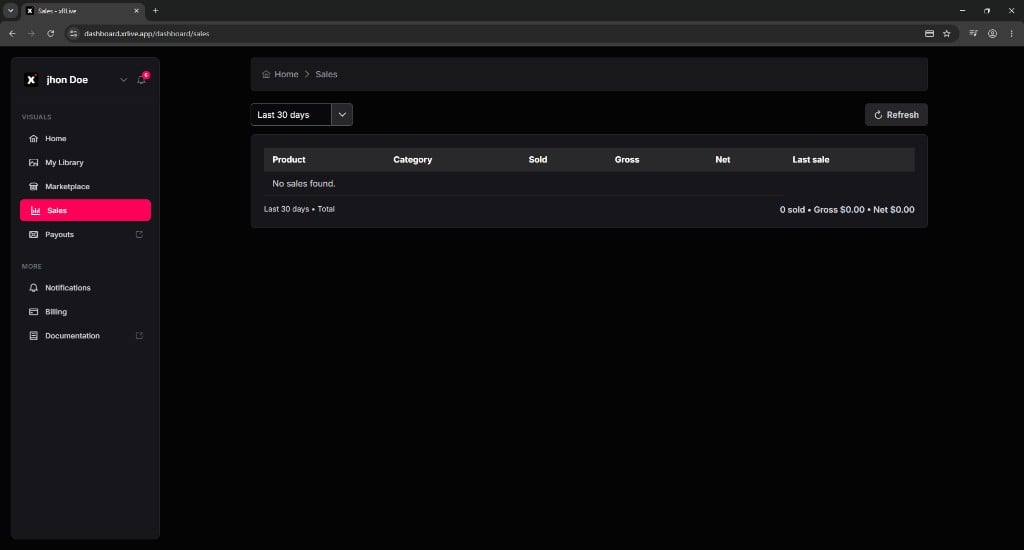 Sales page showing a table with Product, Category, Sold, Gross, Net, and Last sale columns, a Last 30 days filter, and a summary footer