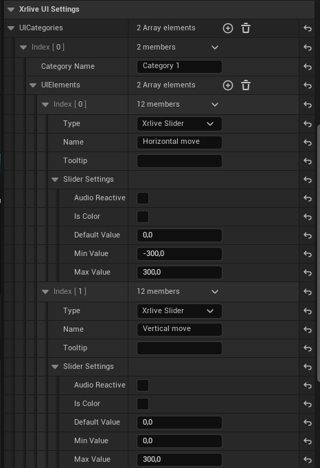 UIElements entry with Type set to Xrlive Slider, Name field showing Horizontal move, and Slider Settings showing Min Value -300 and Max Value 300
