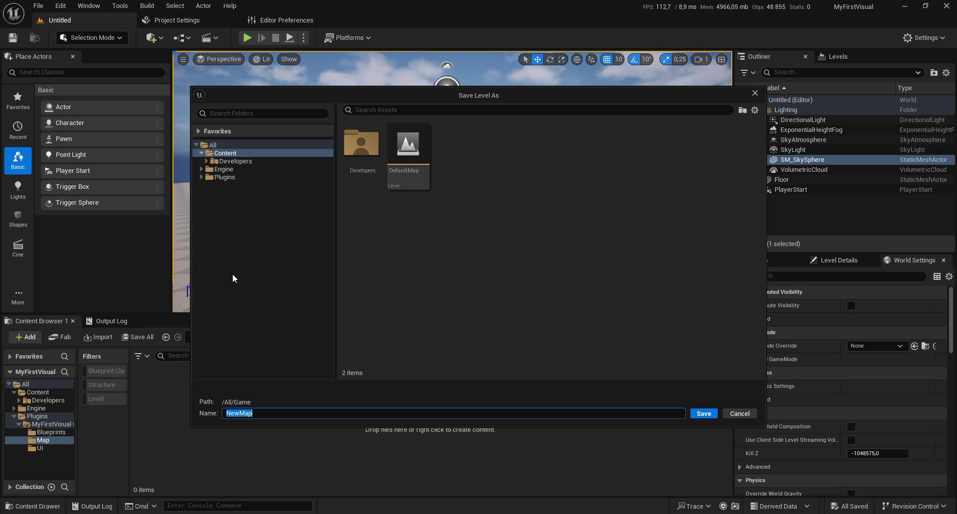 Save Level As dialog with the folder tree showing Content selected and the path set to /All/Game