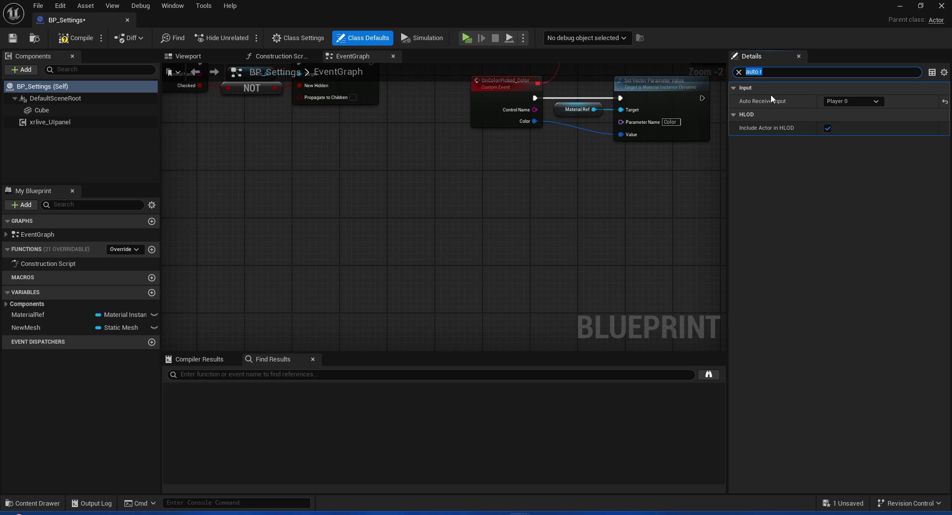 BP_Settings Blueprint editor showing BP_Settings (Self) selected in the Components panel. The Details panel on the right has the search filter set to 'auto', revealing the Input section with Auto Receive Input changed to Player 0.