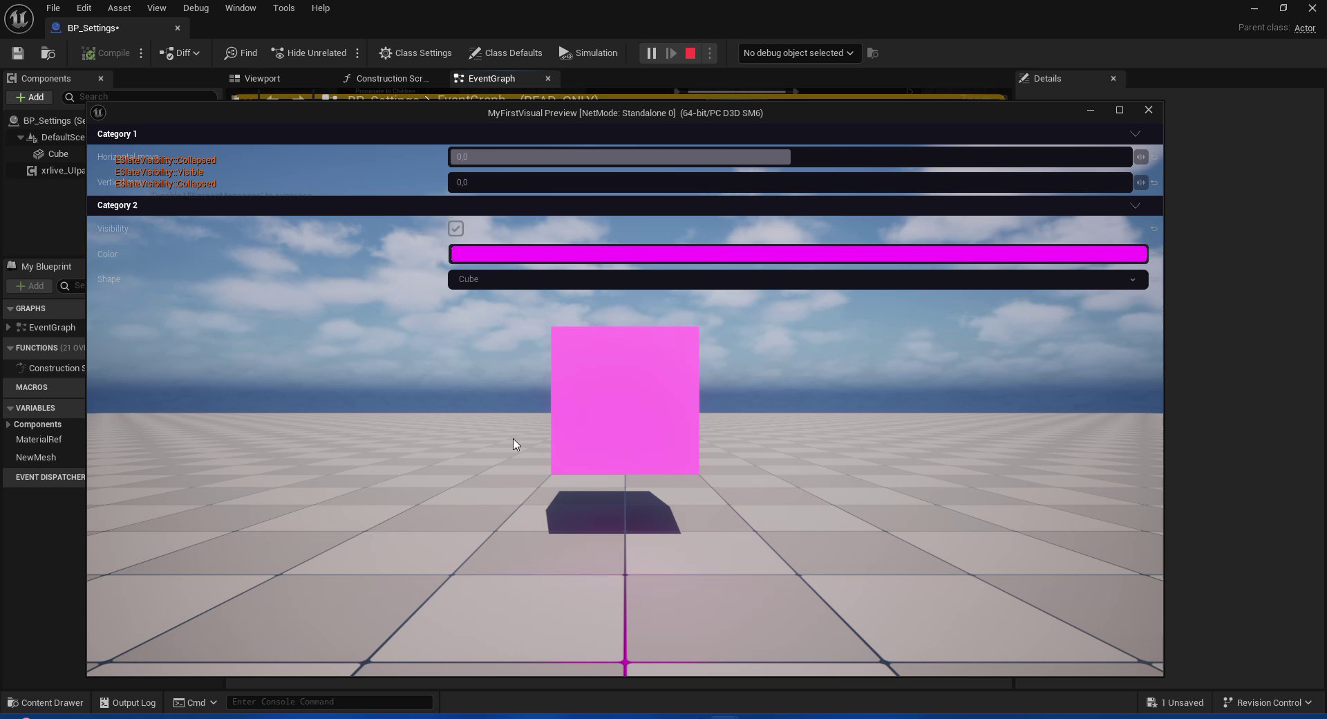 Unreal Engine editor preview window with the Viewport widget collapsed. The operator panel shows Category 1 with Horizontal move and Vertical move sliders, and Category 2 with Visibility checkbox, Color picker, and Shape dropdown, all interactive.