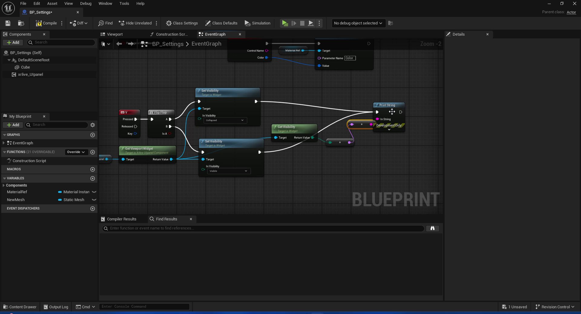 Blueprint EventGraph showing a V Keyboard Event connected to a Flip Flop node. The A output connects to Set Visibility with In Visibility set to Collapsed, and the B output connects to Set Visibility with In Visibility set to Visible. Both Set Visibility nodes share the same Target, which is the Return Value of a Get Viewport Widget node called on xrlive_UIpanel.