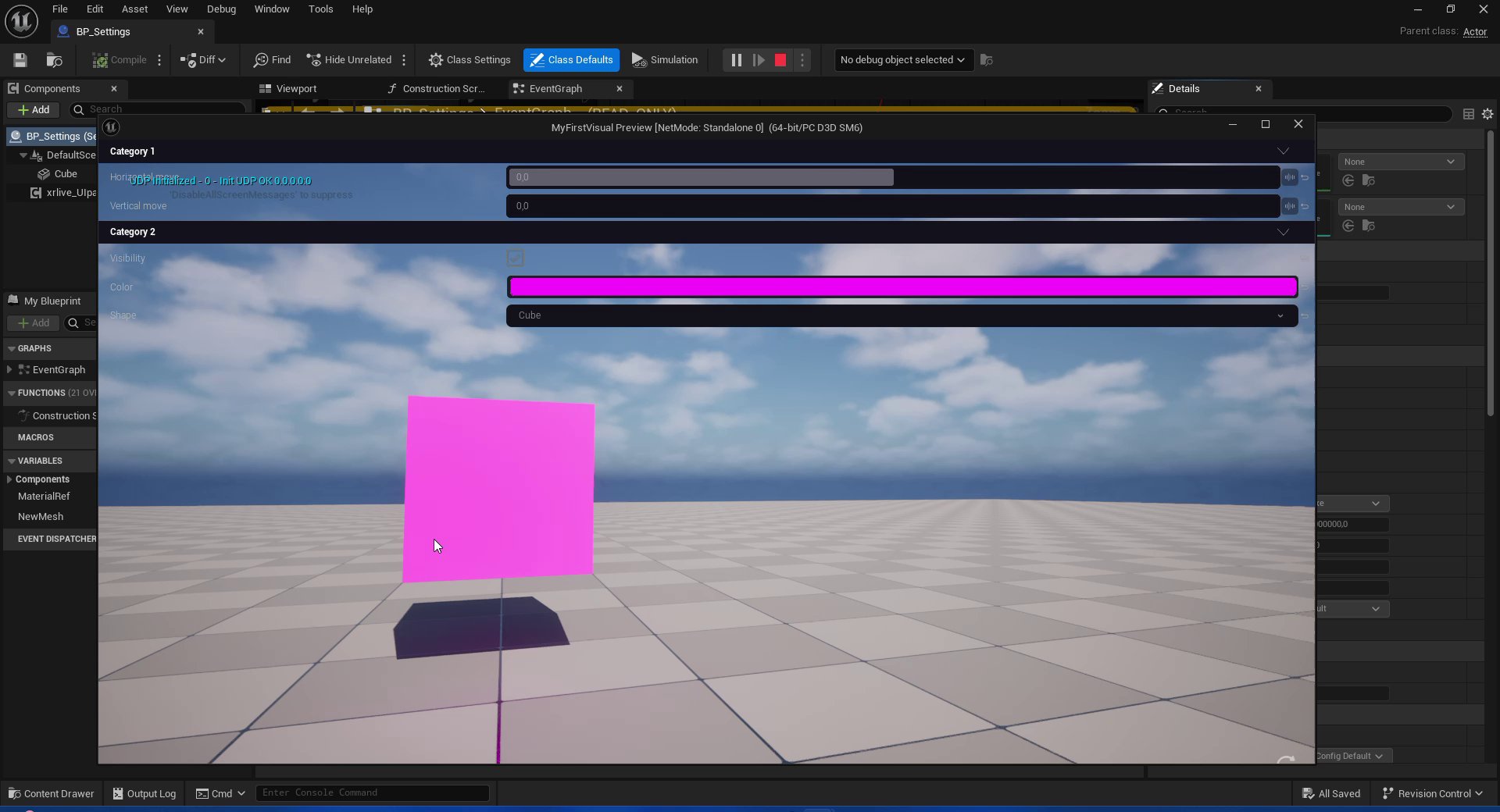 Unreal Engine editor preview window showing the operator panel with Category 1 sliders and Category 2 controls visible, but the viewport widget covers the game window and intercepts mouse clicks intended for the controls.