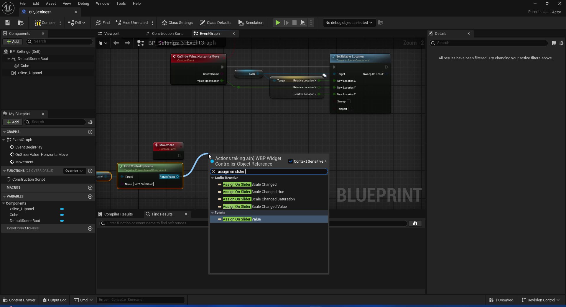 Blueprint context menu showing the search results for assign on slider, with Assign On Slider Value highlighted in the Events section