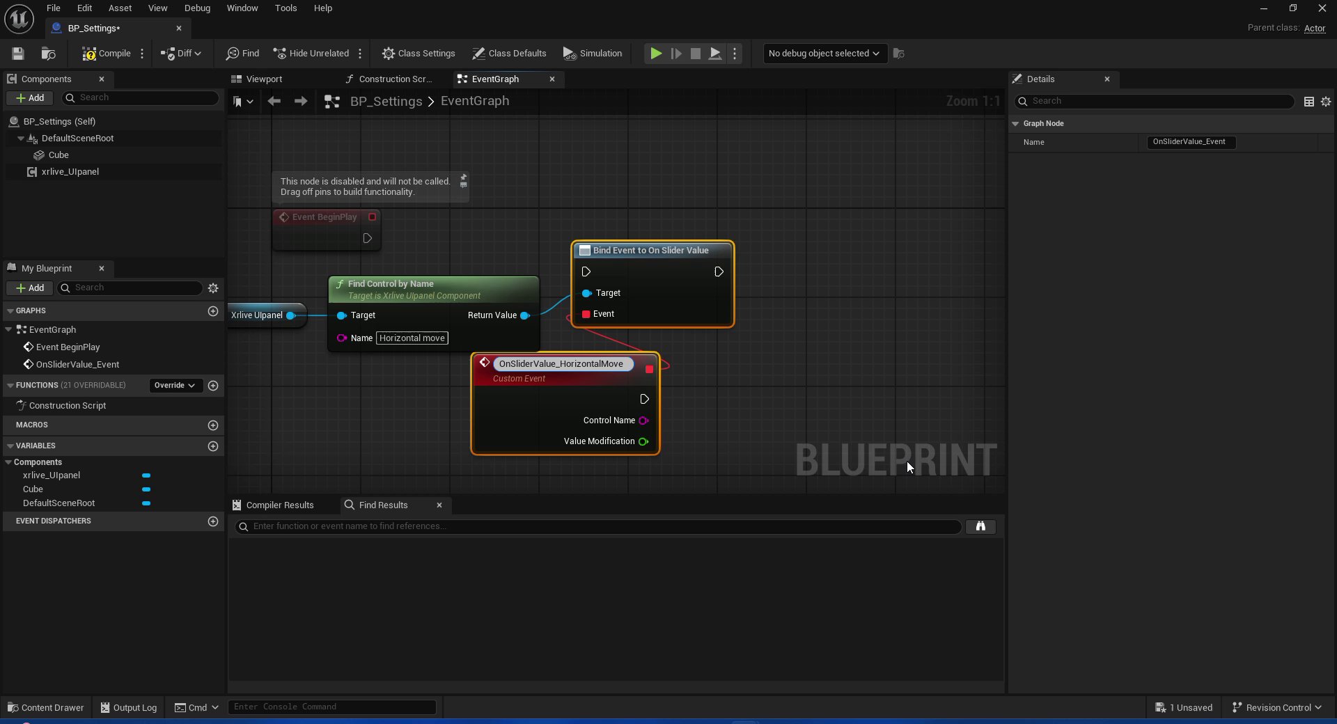 Blueprint EventGraph showing Find Control by Name connected to Bind Event to On Slider Value, with the custom event OnSliderValue_HorizontalMove attached to the Event pin