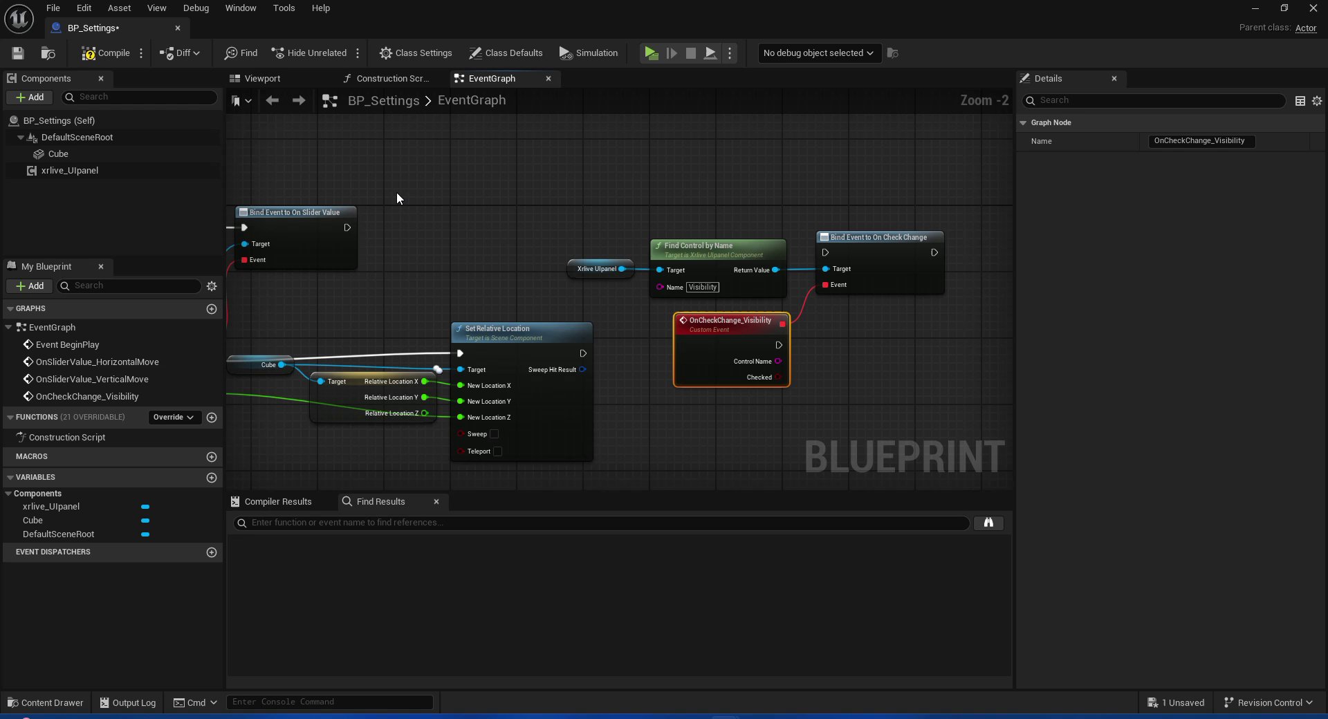 Blueprint EventGraph showing Find Control by Name connected to Bind Event to On Check Change, with the custom event OnCheckChange_Visibility attached to the Event pin. The custom event exposes Control Name and Checked output pins.