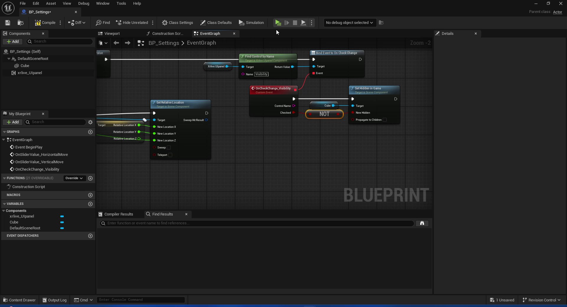 Blueprint EventGraph showing the complete Visibility chain: xrlive_UIpanel → Find Control by Name (Visibility) → Bind Event to On Check Change → OnCheckChange_Visibility custom event → NOT Boolean → Set Hidden in Game on the Cube