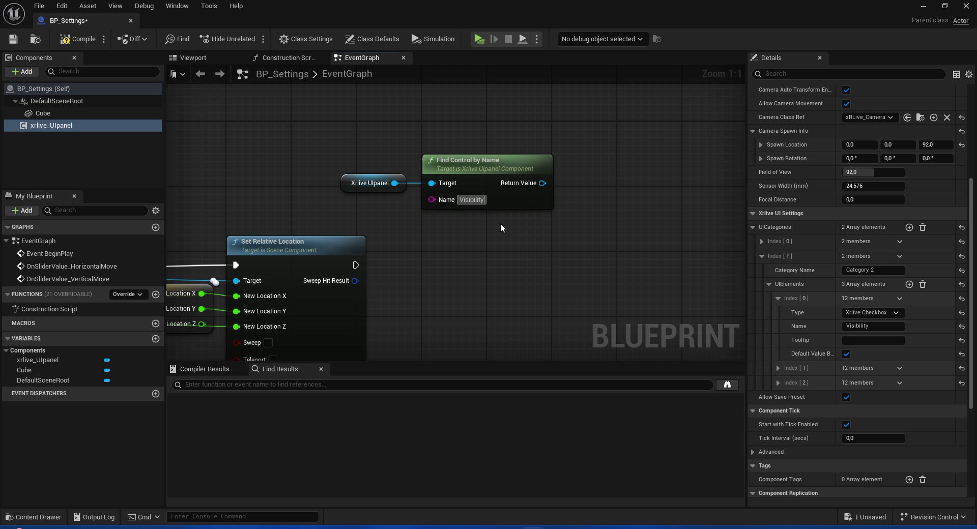 Blueprint EventGraph showing xrlive_UIpanel connected to Find Control by Name with the Name field set to Visibility. The Details panel on the right shows Category 2 with an Xrlive Checkbox element named Visibility.