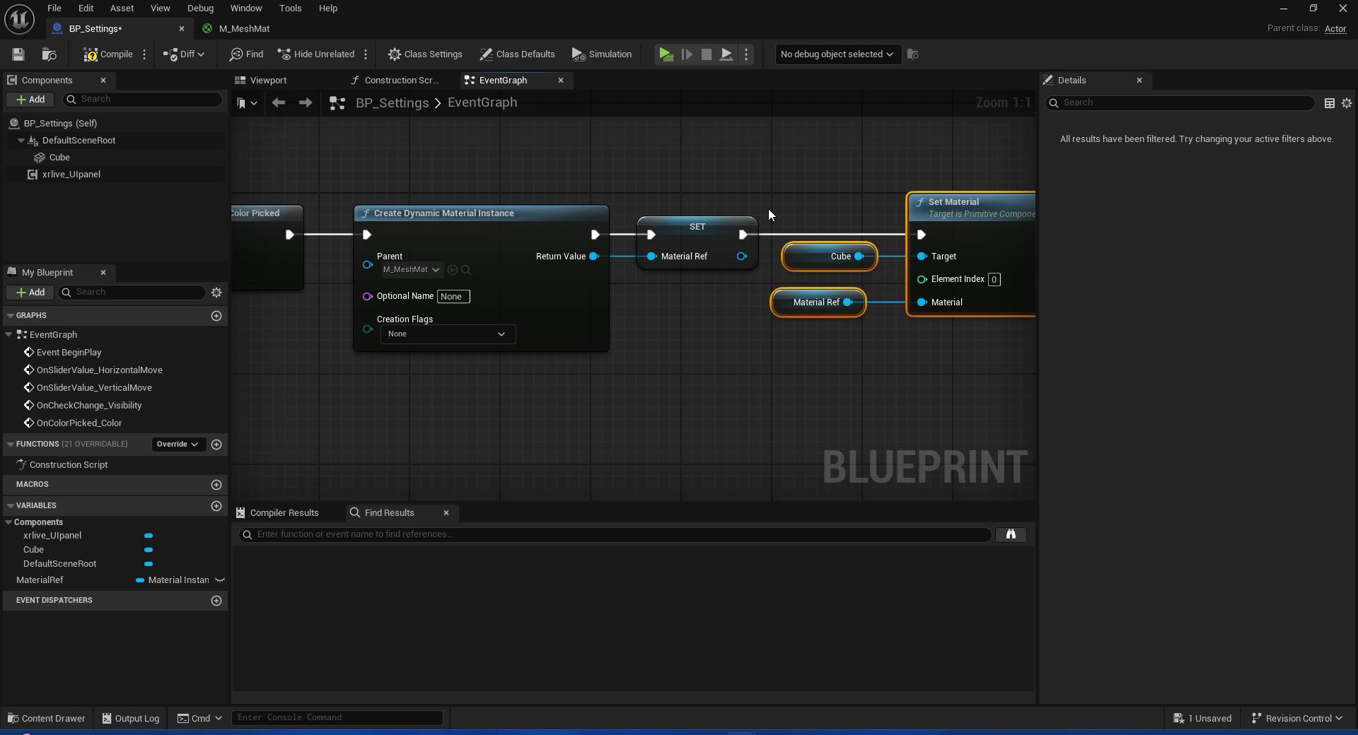 Blueprint EventGraph showing Create Dynamic Material Instance with M_MeshMat as Parent, Return Value connected to SET MaterialRef, then Set Material node with Cube as Target, Element Index 0, and MaterialRef as Material.