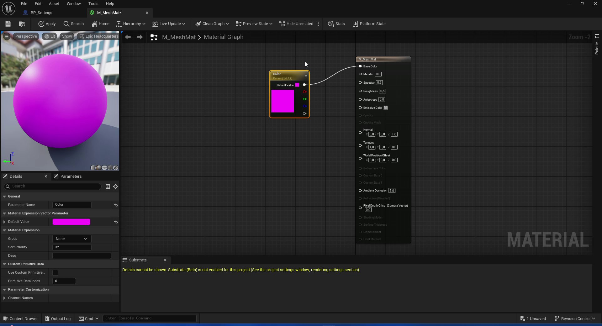 Unreal Engine Material Graph showing a Vector Parameter node named Color with a pink default value connected to the Base Color pin of the M_MeshMat material output node. The material preview sphere on the left reflects the color.