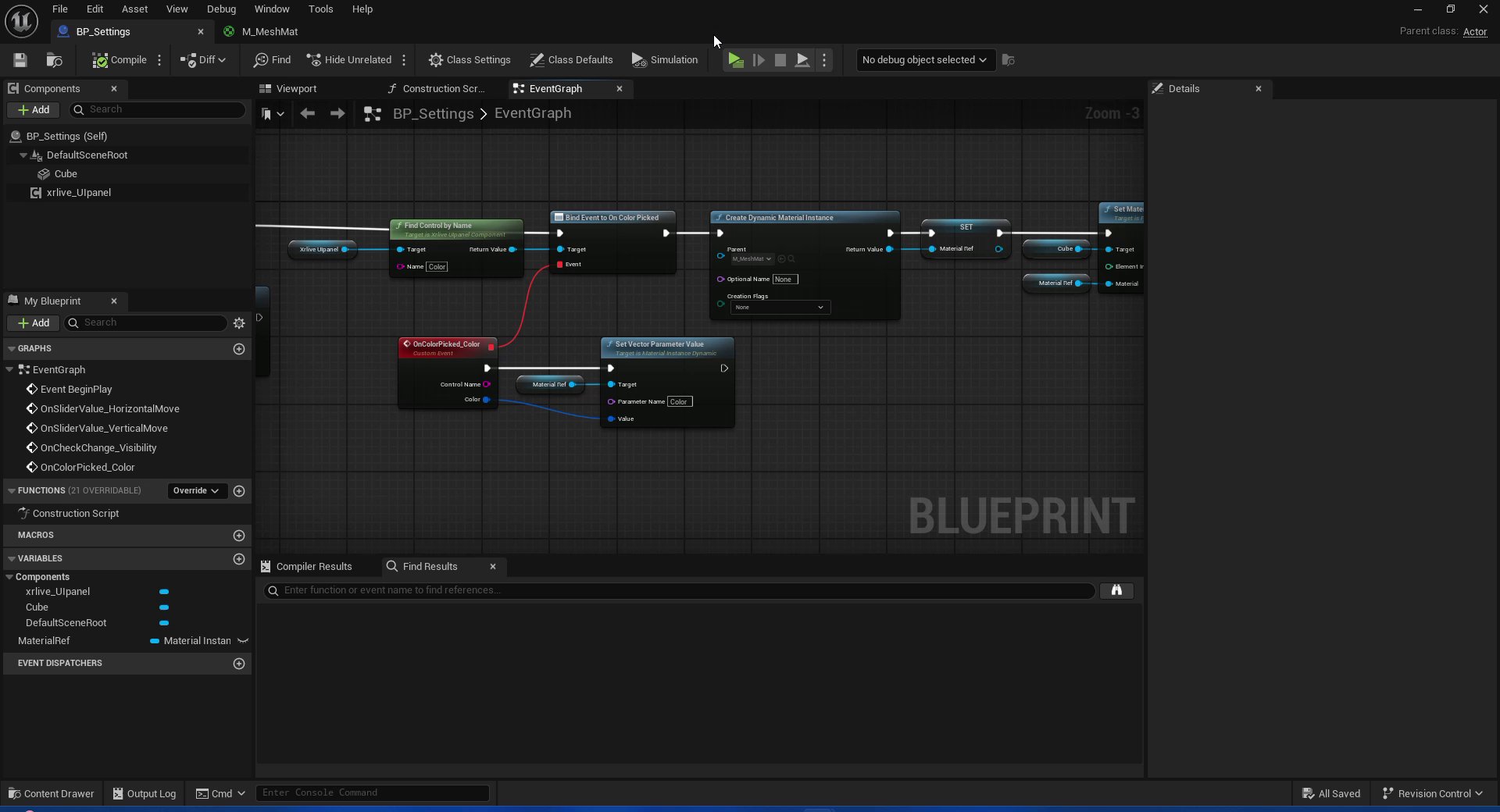 Blueprint EventGraph showing two rows: the top row with xrlive_UIpanel → Find Control by Name (Color) → Bind Event to On Color Picked → Create Dynamic Material Instance → SET MaterialRef → Set Material on Cube, and the bottom row with the OnColorPicked_Color custom event → MaterialRef GET → Set Vector Parameter Value with Parameter Name Color and Value connected to the Color output pin.
