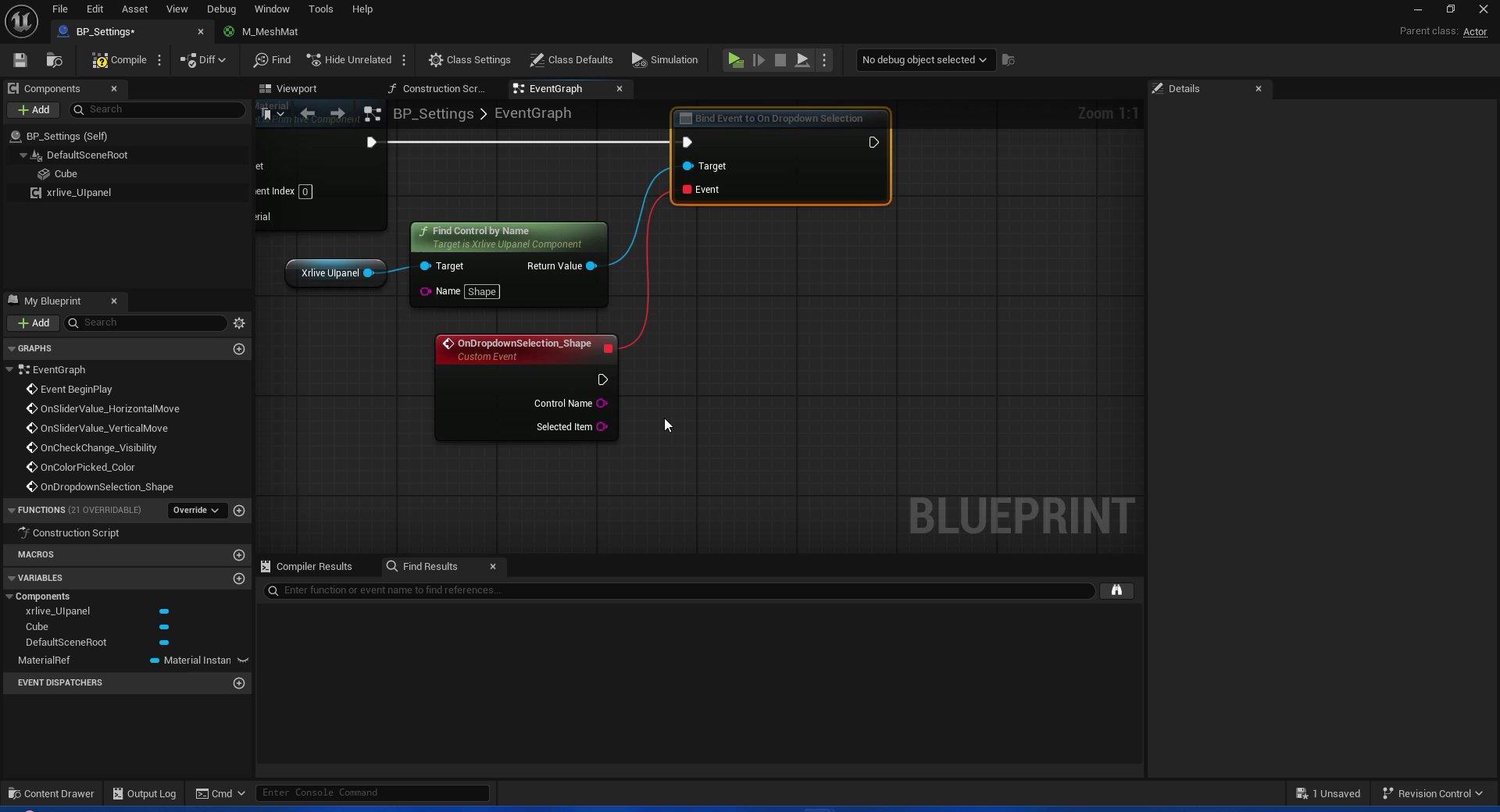 Blueprint EventGraph showing xrlive_UIpanel connected to Find Control by Name with Name set to Shape, then to Bind Event to On Dropdown Selection, and the custom event OnDropdownSelection_Shape with Control Name and Selected Item output pins.