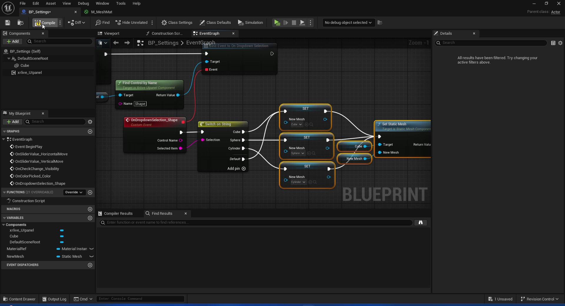 Blueprint EventGraph showing the complete dropdown chain: OnDropdownSelection_Shape custom event → Switch on String (Cube / Sphere / Cylinder cases) → three SET NewMesh nodes each with a different Static Mesh assigned → a single Set Static Mesh node with Cube as Target and NewMesh GET as New Mesh.