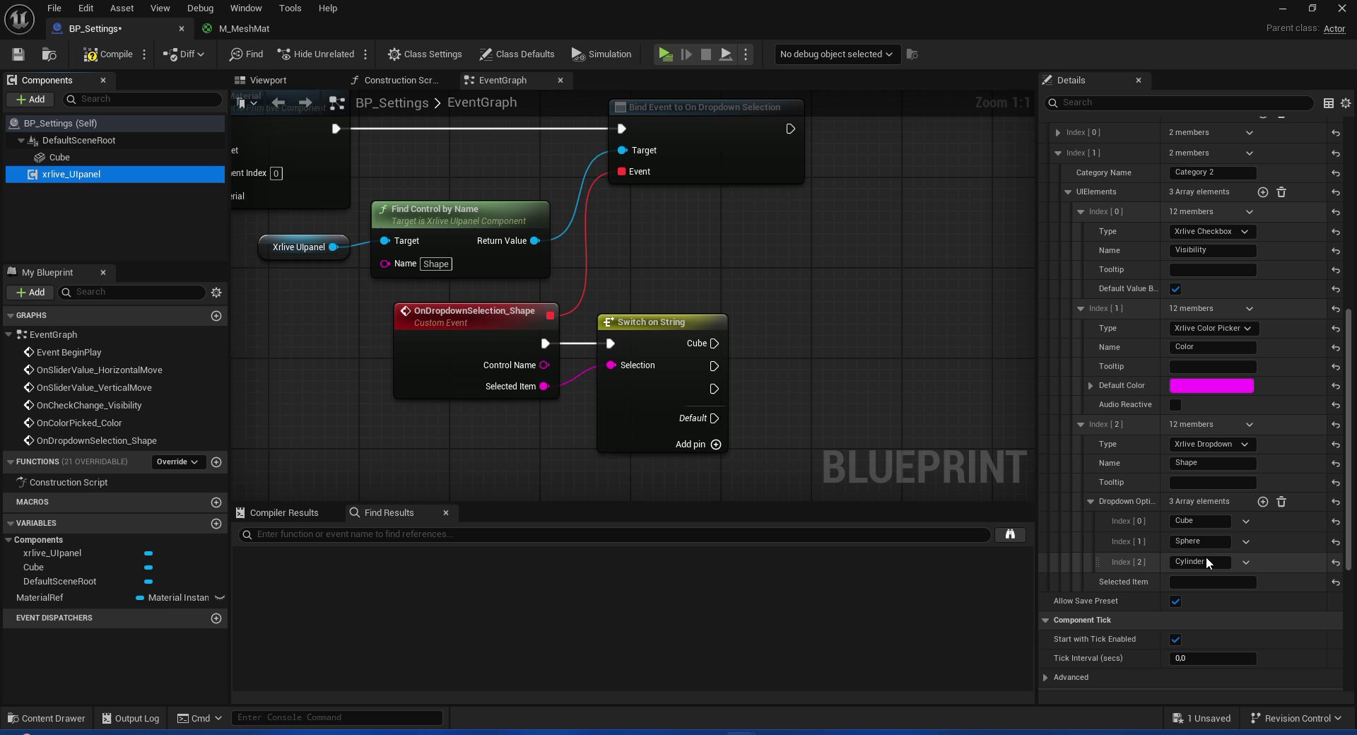 Blueprint EventGraph showing the OnDropdownSelection_Shape custom event connected to a Switch on String node. The Switch has execution output pins labeled Cube, Sphere, Cylinder, and Default. The Selection input is connected to the Selected Item pin of the custom event.