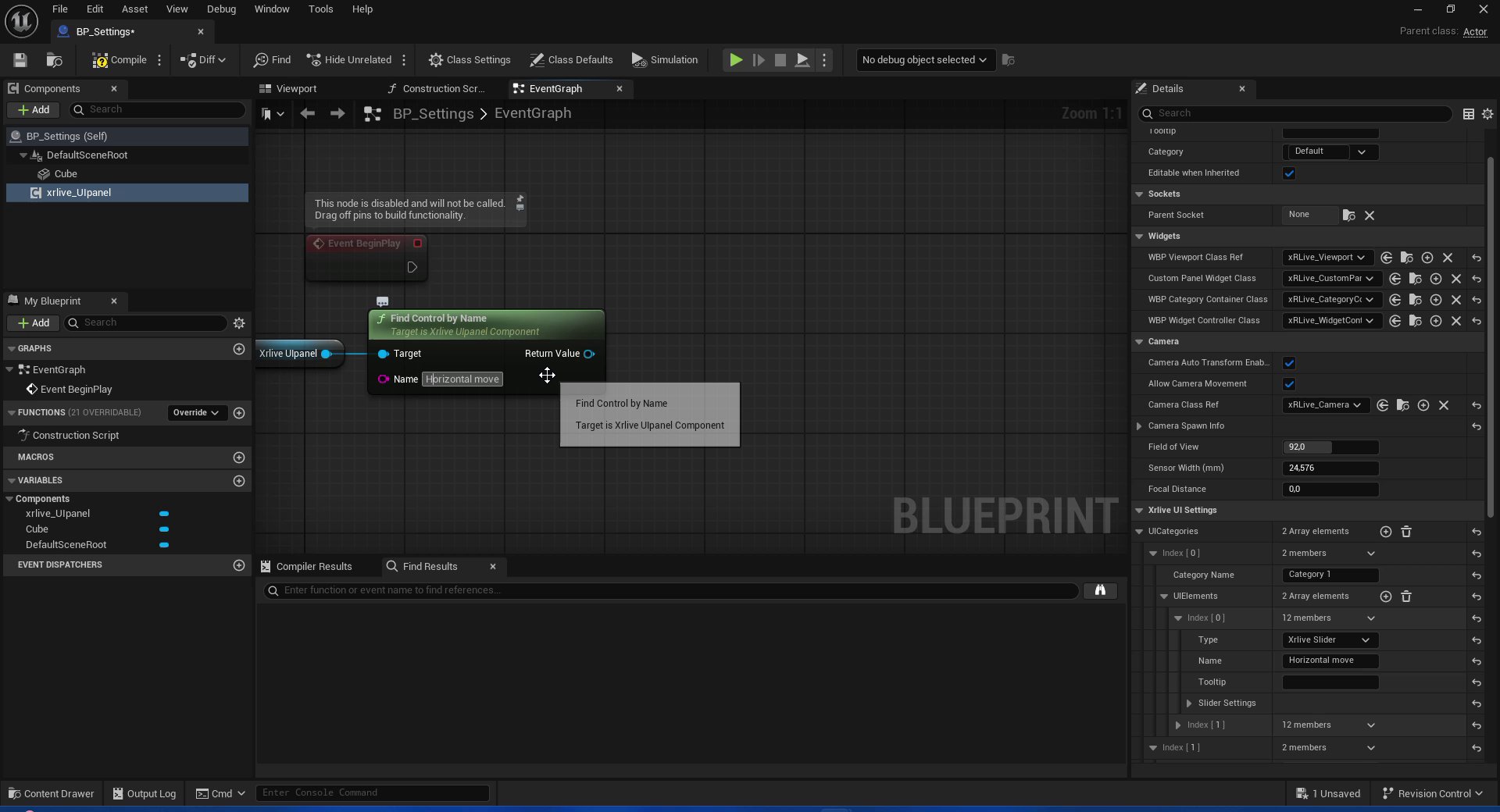 Blueprint EventGraph showing the xrlive_UIpanel reference connected to Find Control by Name, with the Name field containing Horizontal move