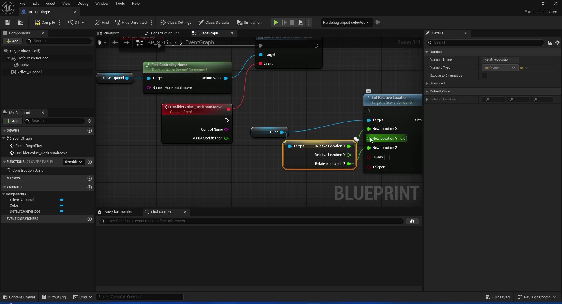 Blueprint EventGraph showing the complete Horizontal move chain: xrlive_UIpanel → Find Control by Name → Bind Event to On Slider Value → OnSliderValue_HorizontalMove custom event → Cube Set Relative Location with Value Modification connected to New Location X