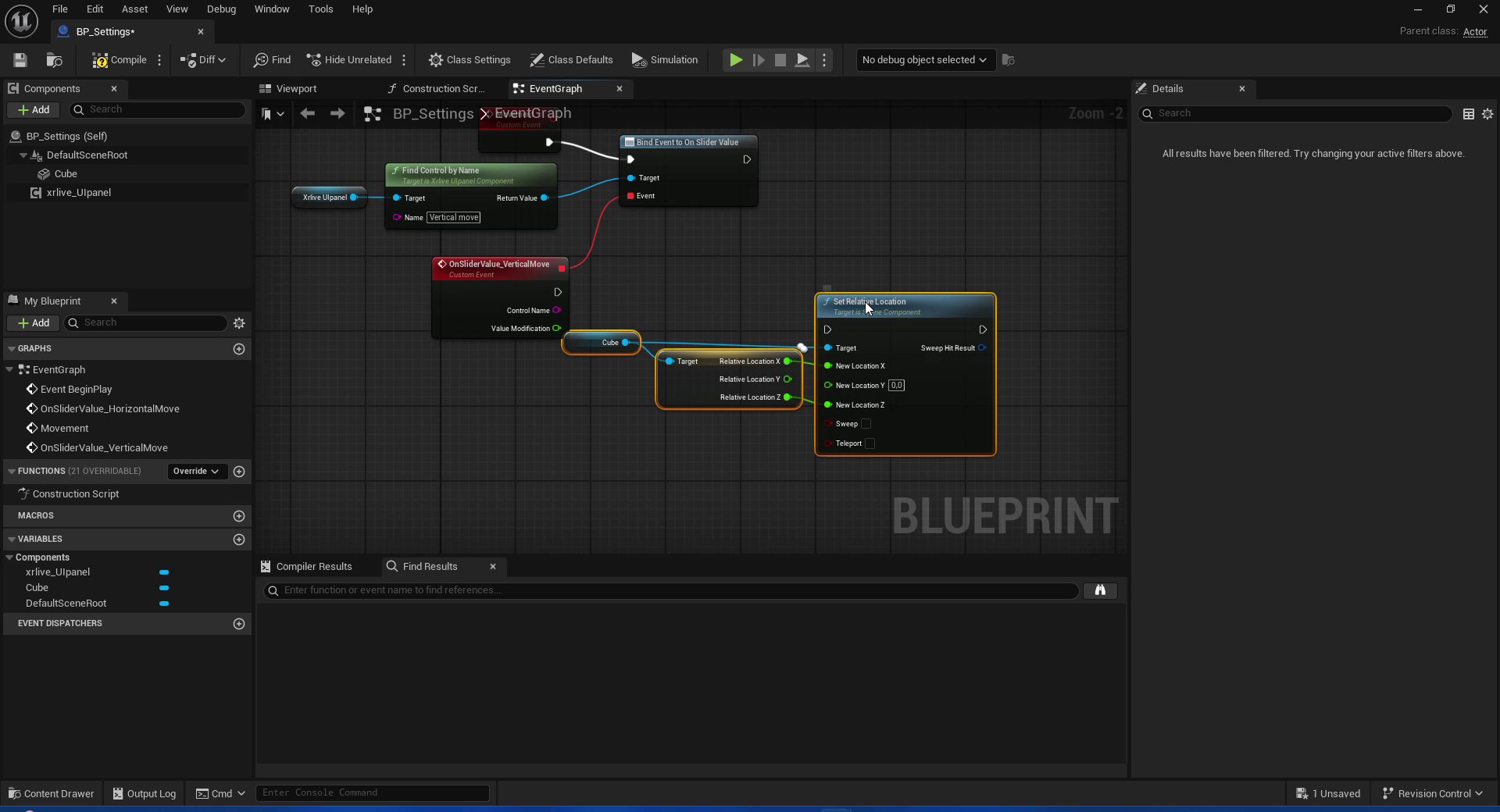 Blueprint EventGraph showing the Vertical move chain: xrlive_UIpanel → Find Control by Name (Vertical move) → Bind Event to On Slider Value → OnSliderValue_VerticalMove → Cube Set Relative Location with Value Modification on New Location Y