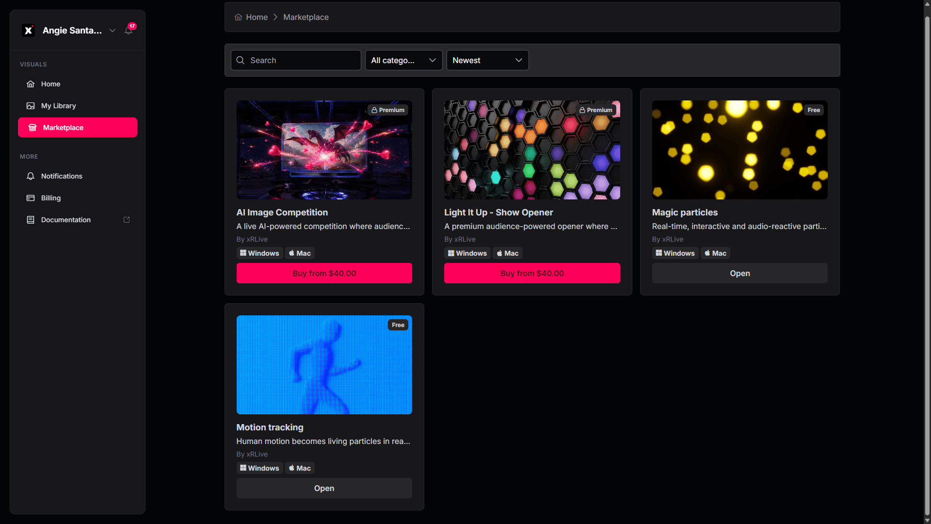 xRLive Marketplace browse page