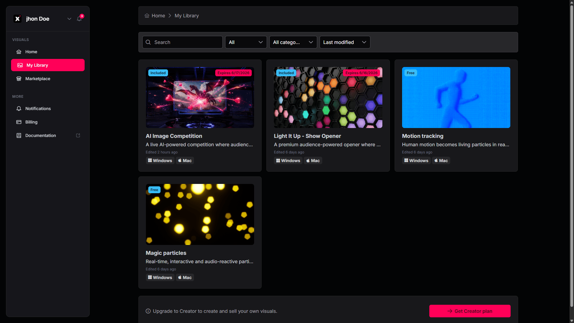 My Library page with owned visuals and their status badges