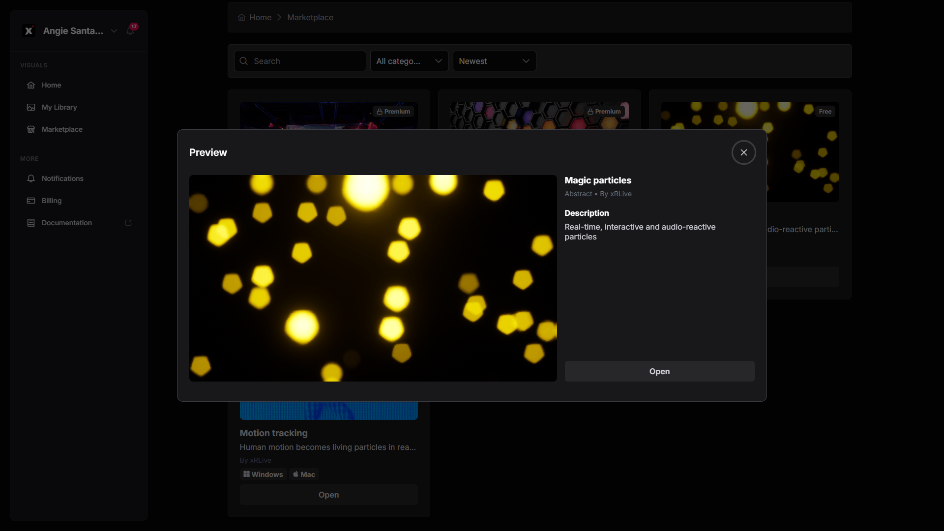 Preview modal of a free visual with an Open button