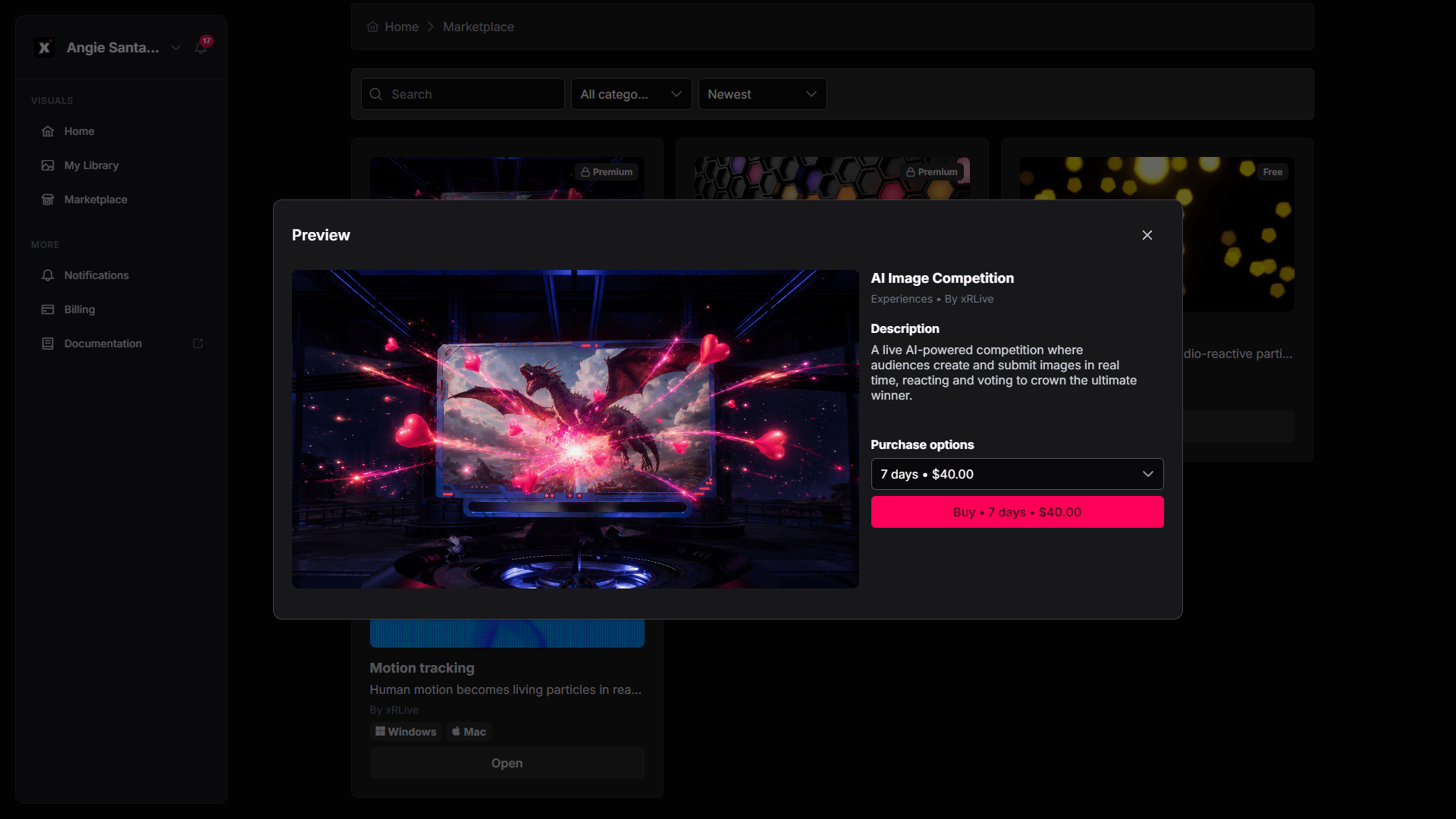 Preview modal of a premium visual with purchase options and a Buy button