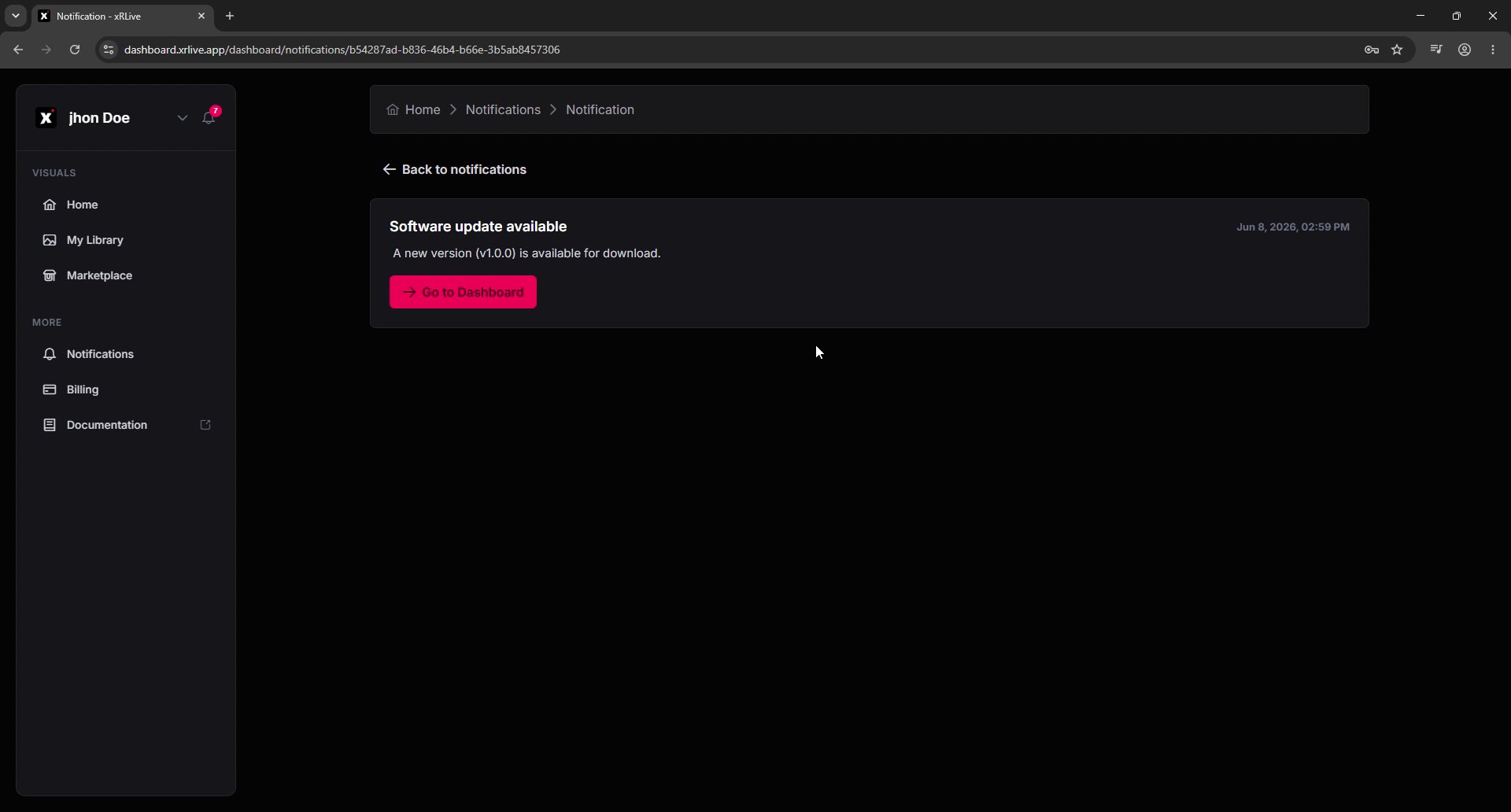 Notification detail view with an action button