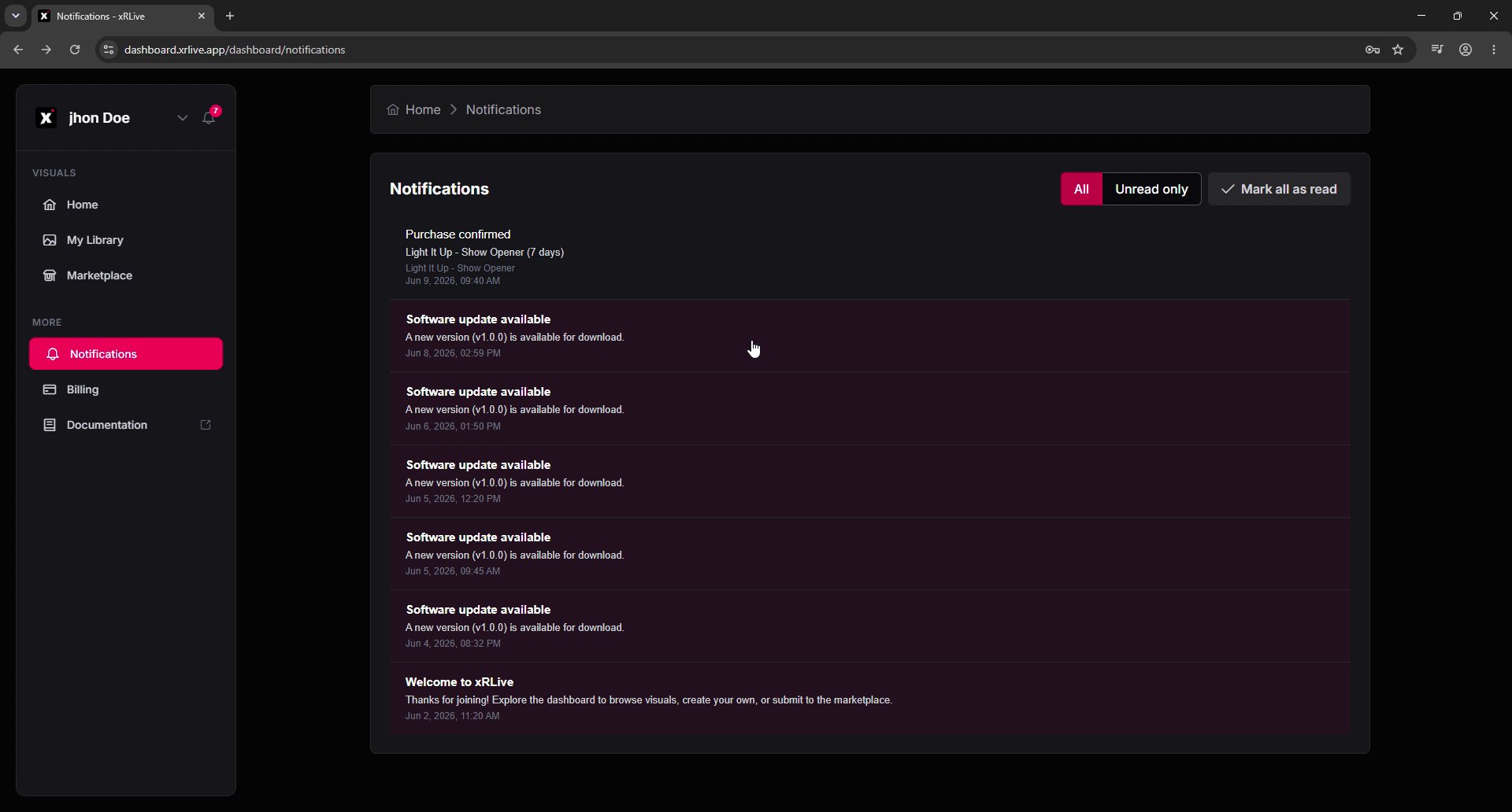 Notifications page with a list of notifications and filter controls