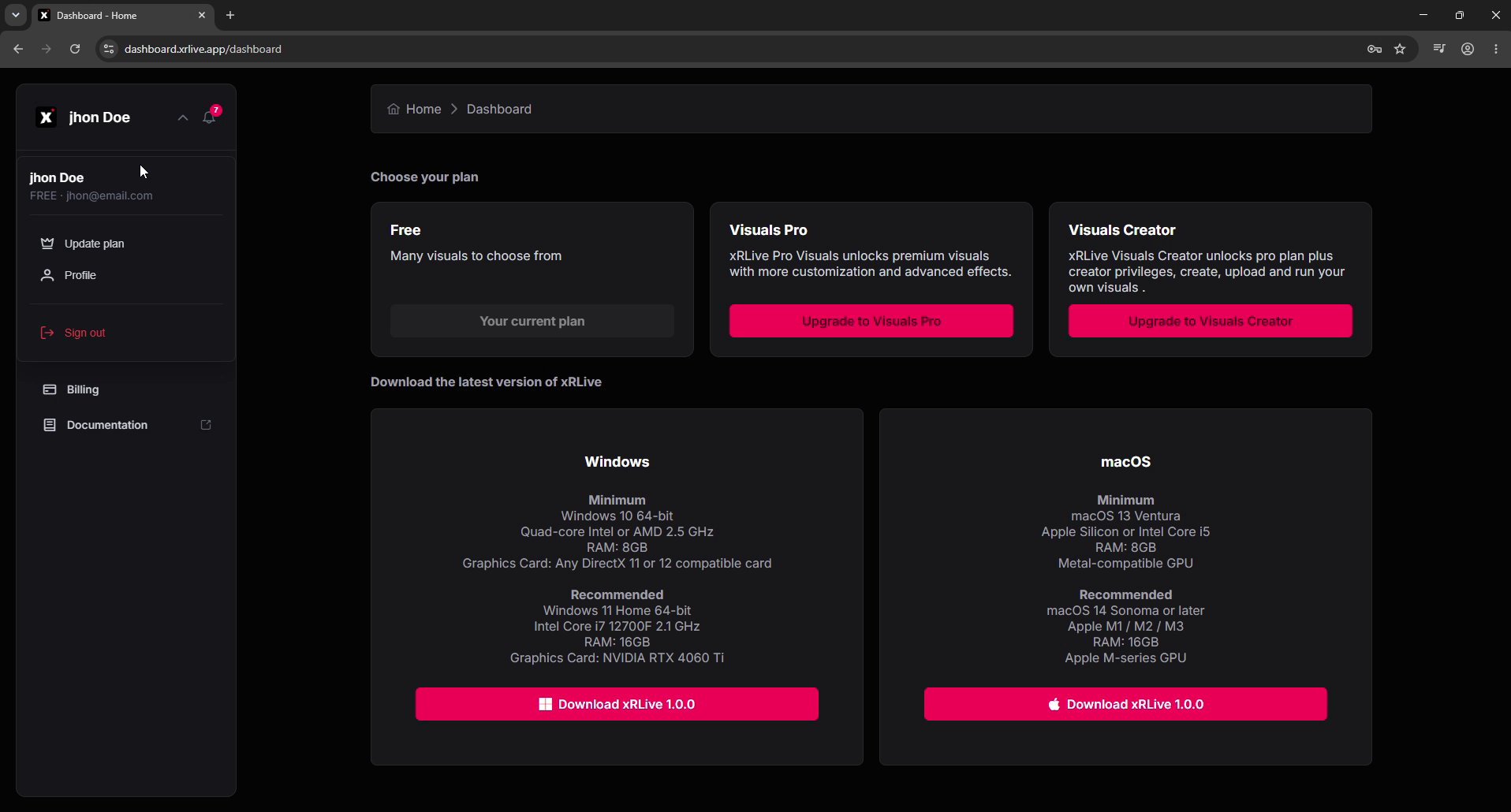 Account menu expanded with the Profile option