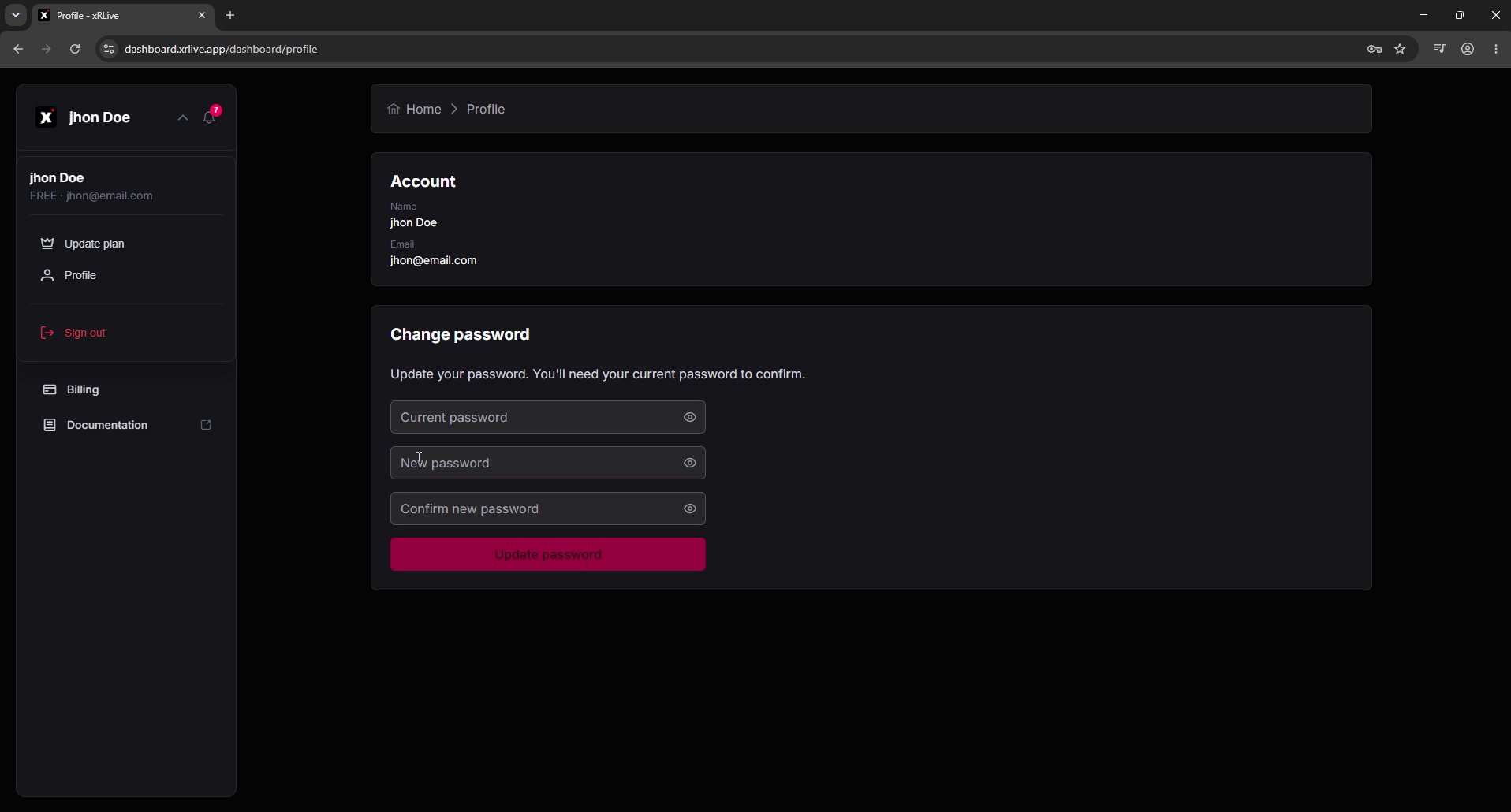 Profile page showing the Account section and the Change password form
