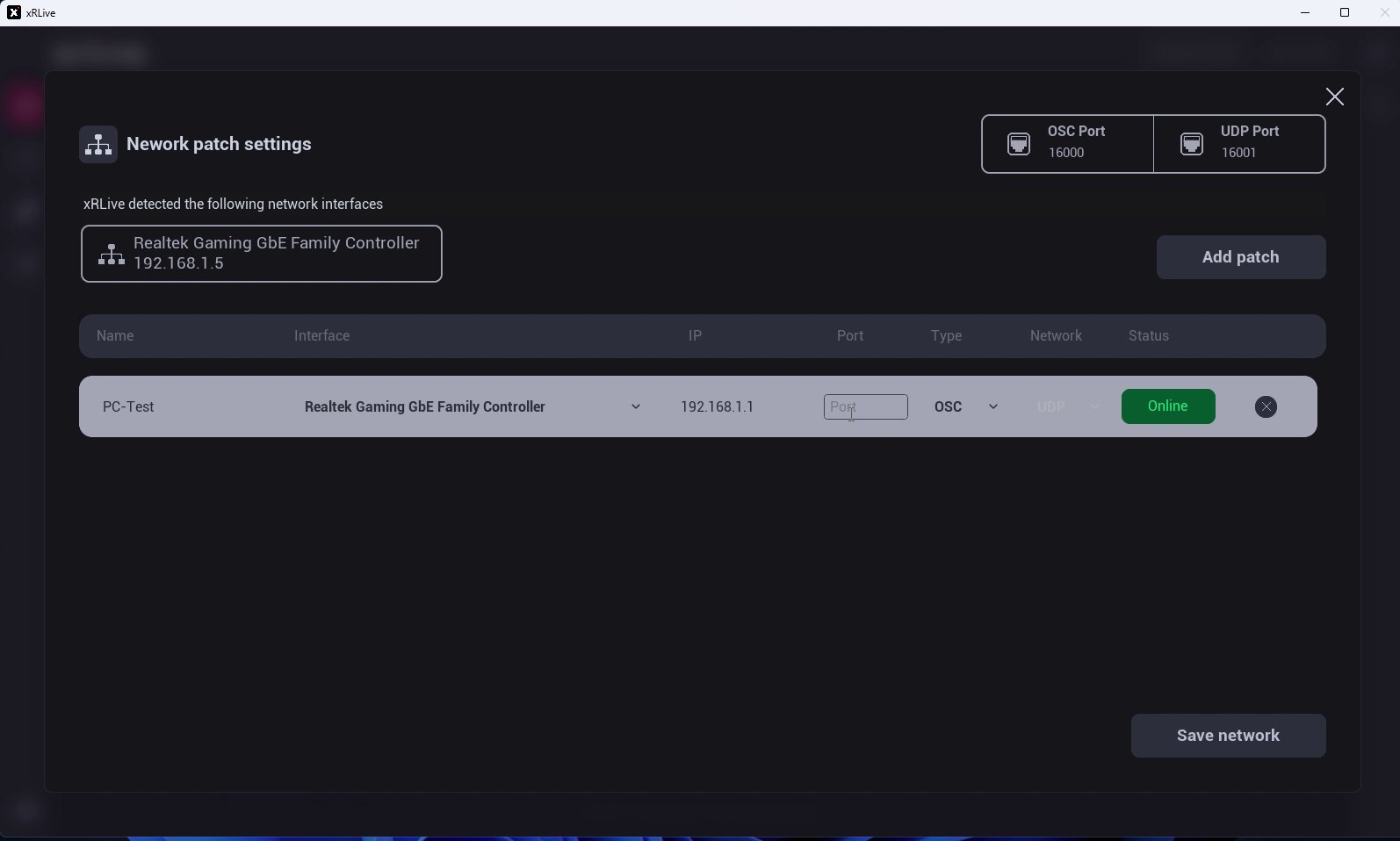 Network patch settings with ports, interfaces, and patches