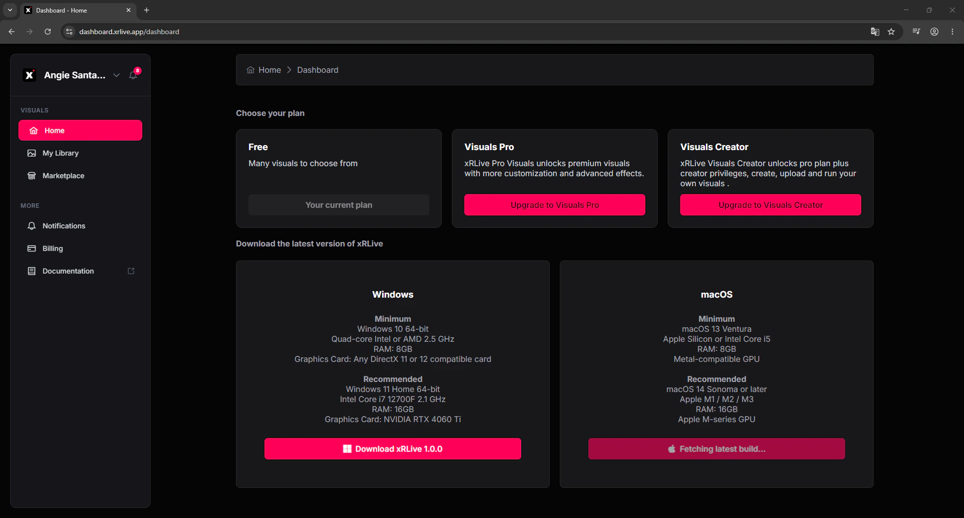 Dashboard Downloads section