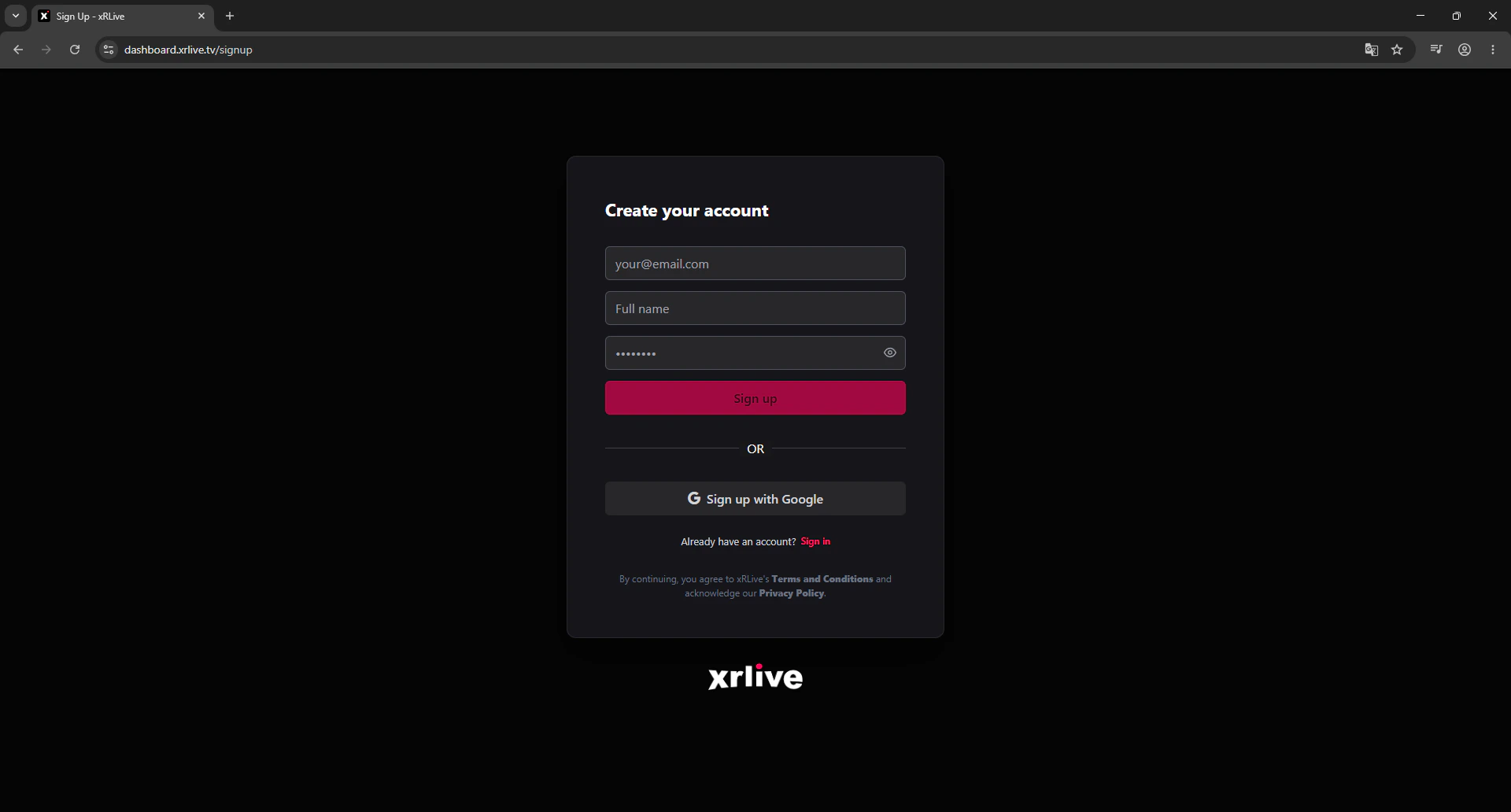 Sign up page
