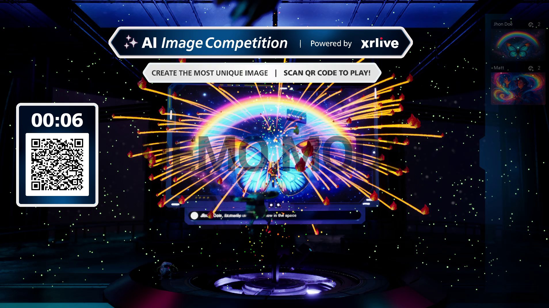 Stage showing a submitted AI image with a burst of reaction effects and a live tally of entries