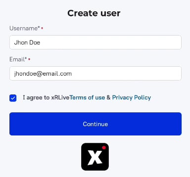 Audience phone showing a Create user form with username, email, and a terms checkbox