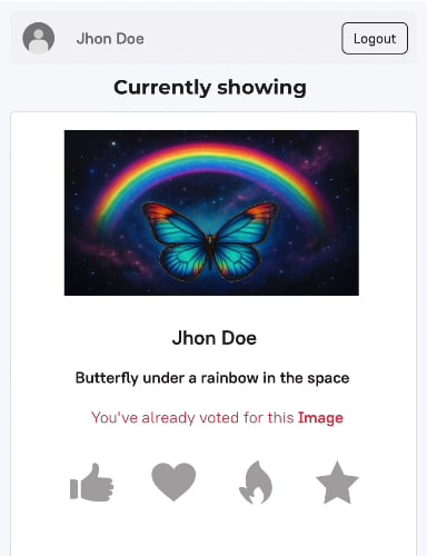 Audience phone showing the current image with like, love, fire and star reaction buttons