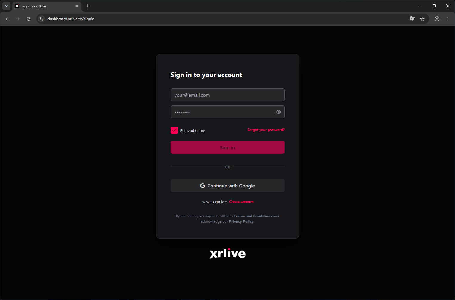 xRLive sign-in page