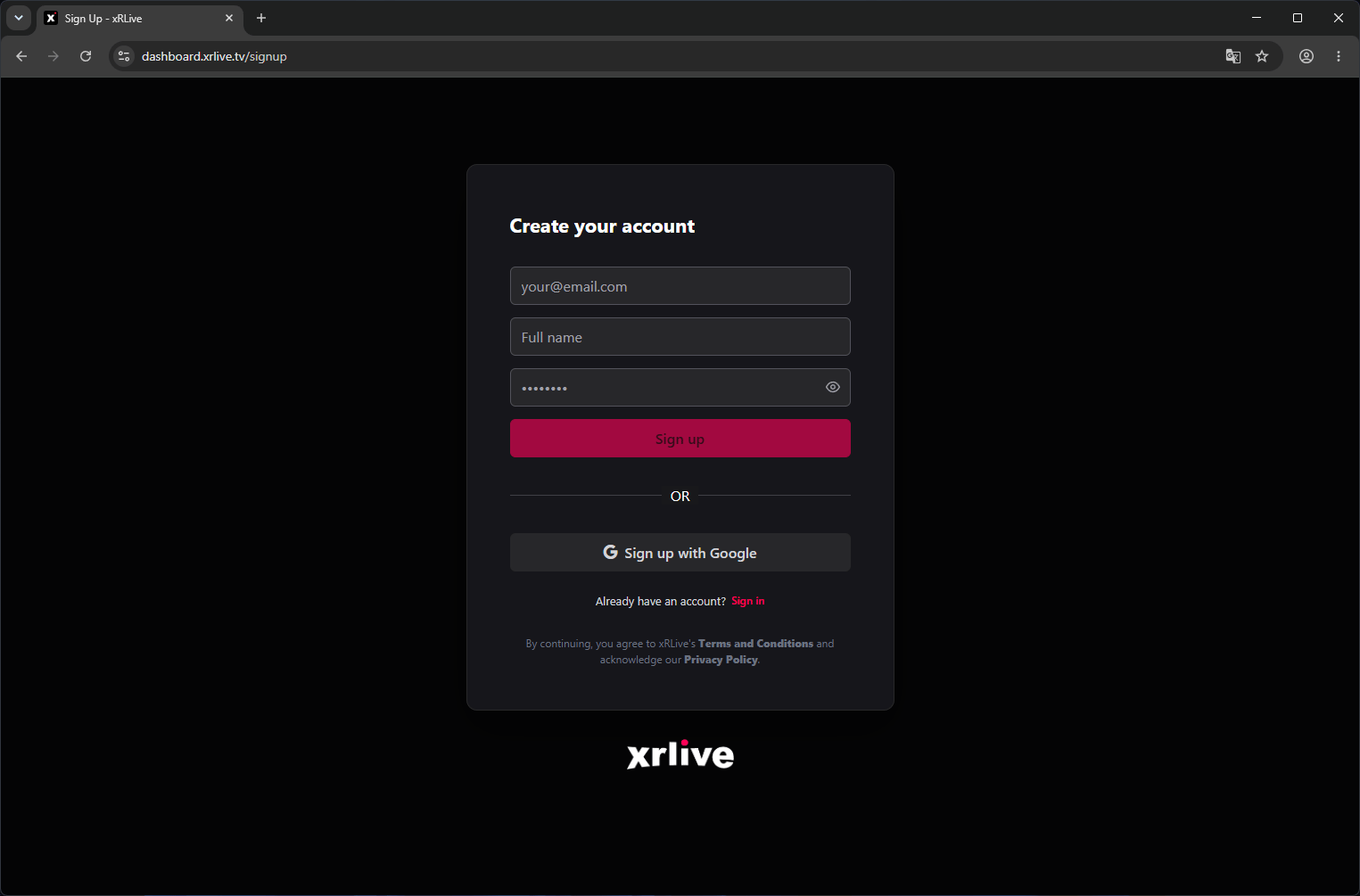 xRLive sign-up page