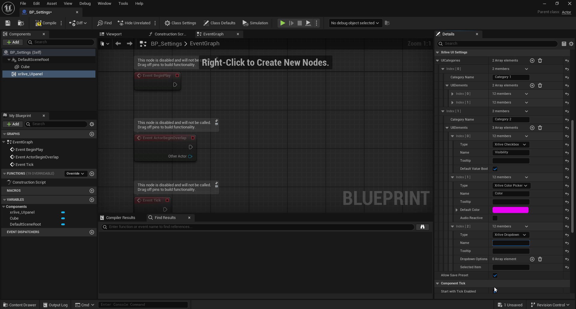 Category 2 UIElements showing Index 0 Checkbox Visibility, Index 1 Color Picker Color, and Index 2 Dropdown Shape with Dropdown Options array visible