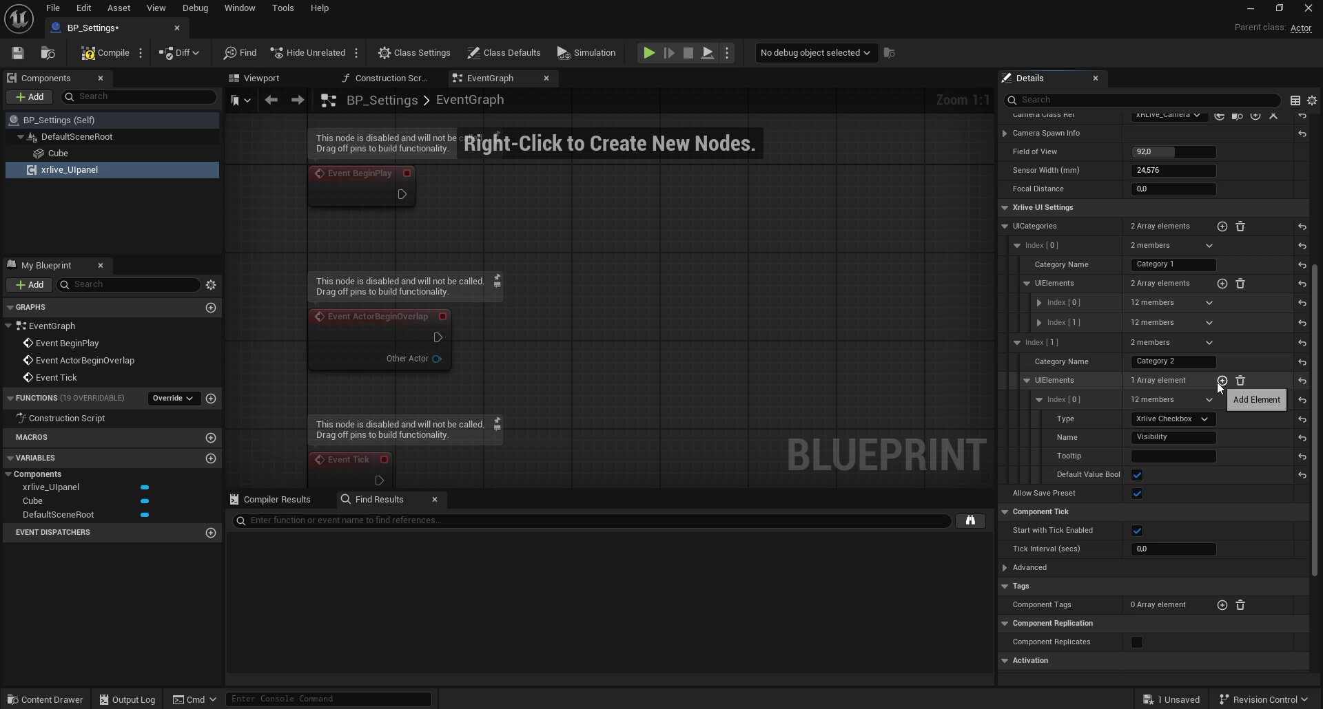 UIElements entry with Type Xrlive Checkbox, Name Visibility, and Default Value Bool checked